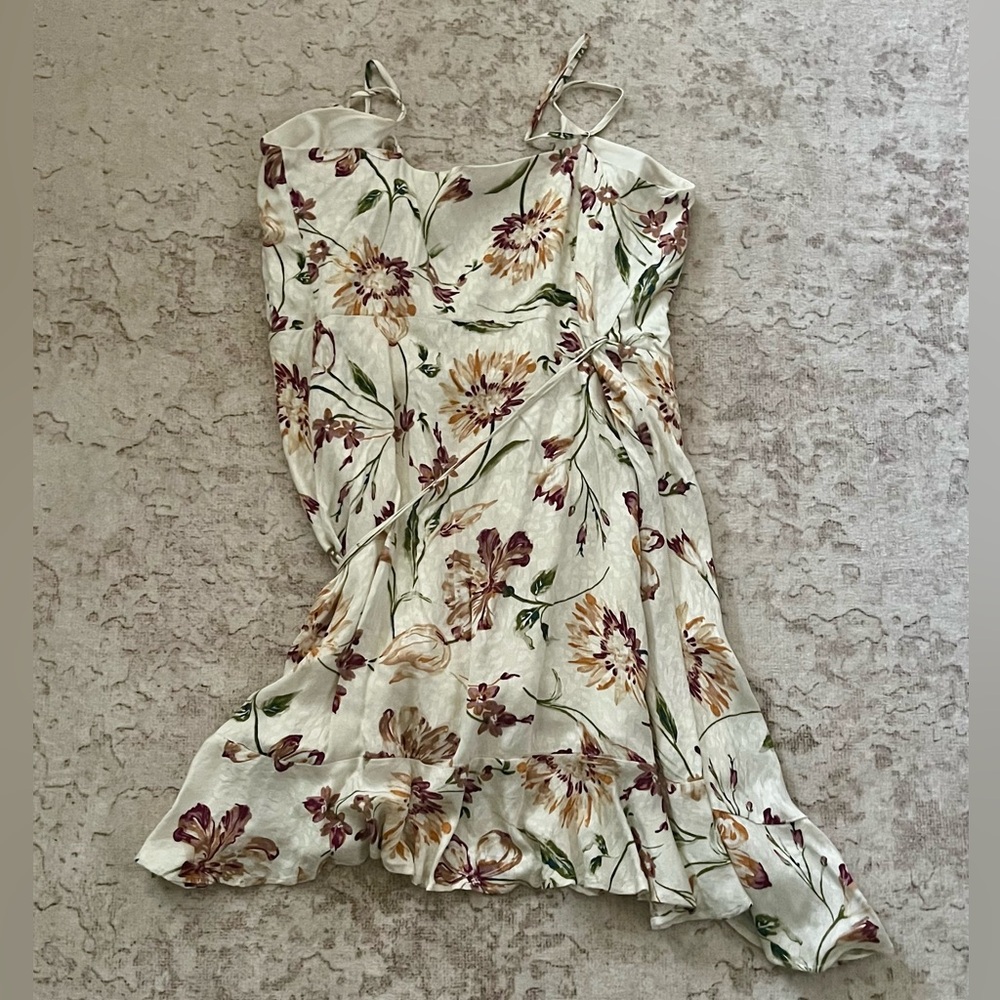 Lulu's Sunny Spell Ivory Floral Print Jacquard Wrap Mini Dress - Picture 3 of 3